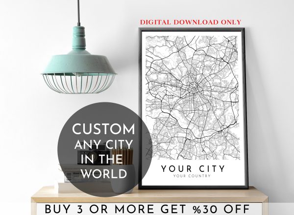 CUSTOM CITY Map, Personalized Map Poster, Printable Map Wall Art, Instant Download Map of Your Location, Any Town, City, Map Gift, DIGITAL