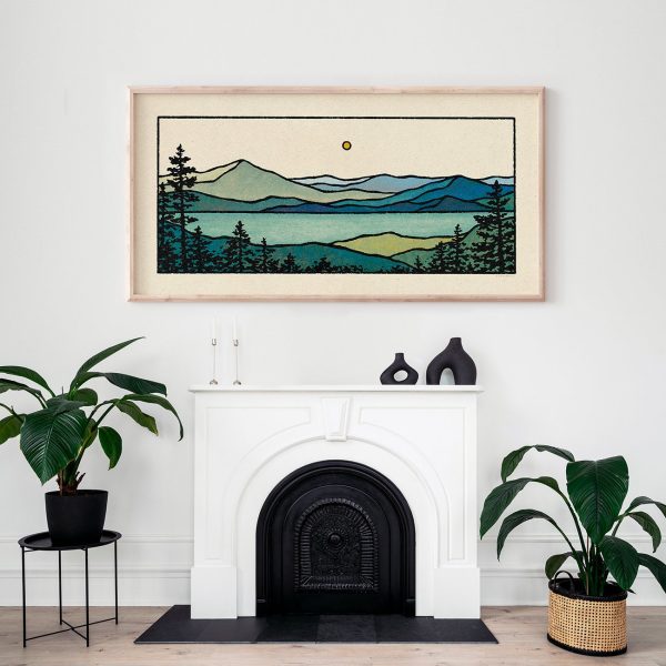 Emerald Bay Print – Minimalist Mountain Panorama, Calm Lake Landscape, Blue & Green Earth Tones, Modern Tree Nature Wall Art / 22×11, 44×22