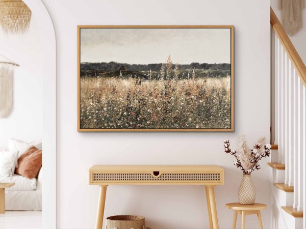 Wildflower Field Landscape Oil Painting Large Wall Art Print, Framed Canvas Nature Wall Decor, Rustic Country Landscape for Living Room