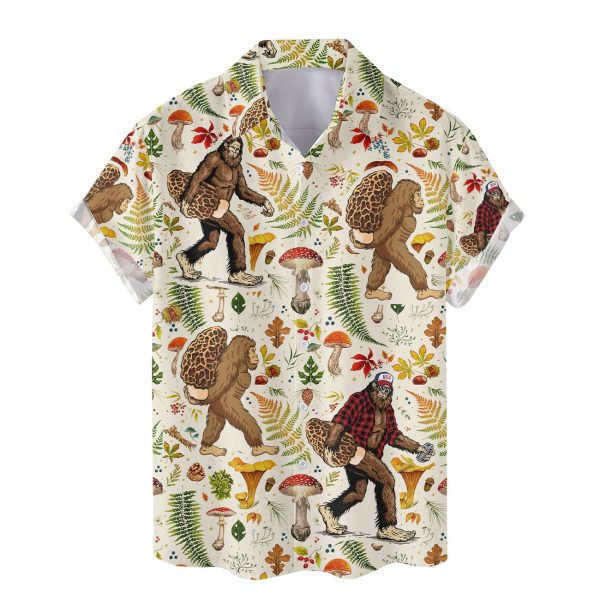 Bigfoot Mushroom Hawaiian Shirts for Men Women – Bigfoot with Morel Mushroom Button Down Short Sleeves