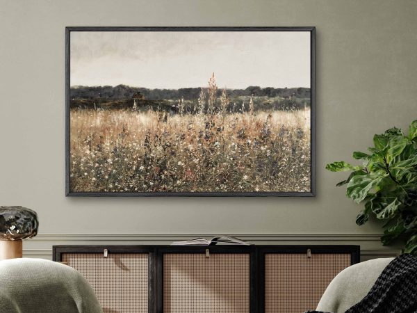 Wildflower Field Landscape Oil Painting Large Wall Art Print, Framed Canvas Nature Wall Decor, Rustic Country Landscape for Living Room
