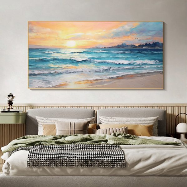 Original Sunset Seascape Oil Painting On Canvas, Large Wall Art, Abstract Ocean Beach Landscape Painting, Custom Modern Living Room Decor