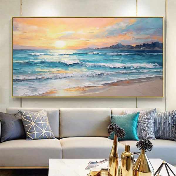 Original Sunset Seascape Oil Painting On Canvas, Large Wall Art, Abstract Ocean Beach Landscape Painting, Custom Modern Living Room Decor
