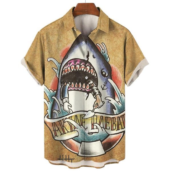 Shark Shirts 3D Animal Print Clothes Fashion Button Short Sleeve Lapel Streetwear Shirt for Men Hawaiian Shark Blouse Tshirt,Hawaiian Shirt