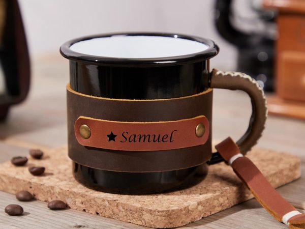 Personalized Enamel Mug, Leather Enamel Mug Camping Mug Mug Gift Forest Mug Outdoor mug Mountain Mug Custom Campfire gift for father