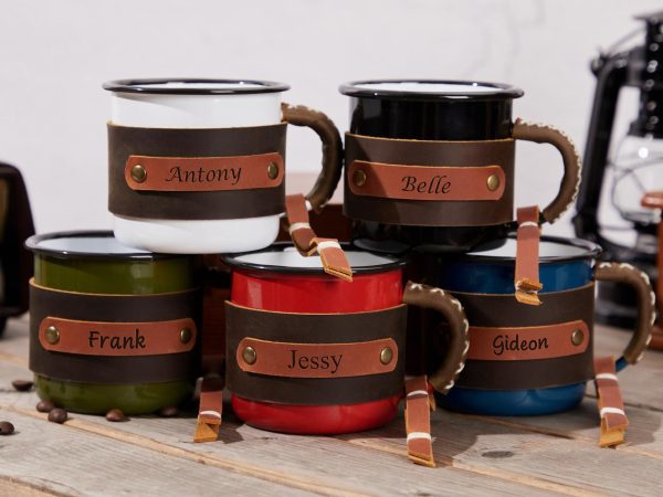 Personalized Enamel Mug, Leather Enamel Mug Camping Mug Mug Gift Forest Mug Outdoor mug Mountain Mug Custom Campfire gift for father