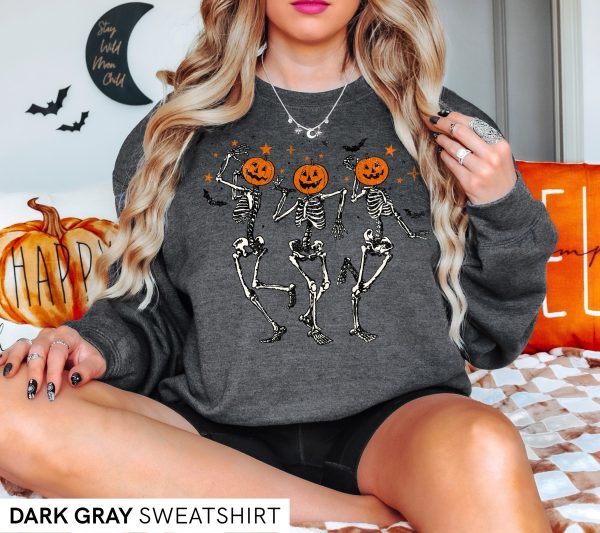 Dancing Skeleton Halloween Shirt, Pumpkin Halloween Sweatshirt, Pumpkin Shirt, Fall Sweatshirt Spooky Season TShirt, Fall Shirts for Women